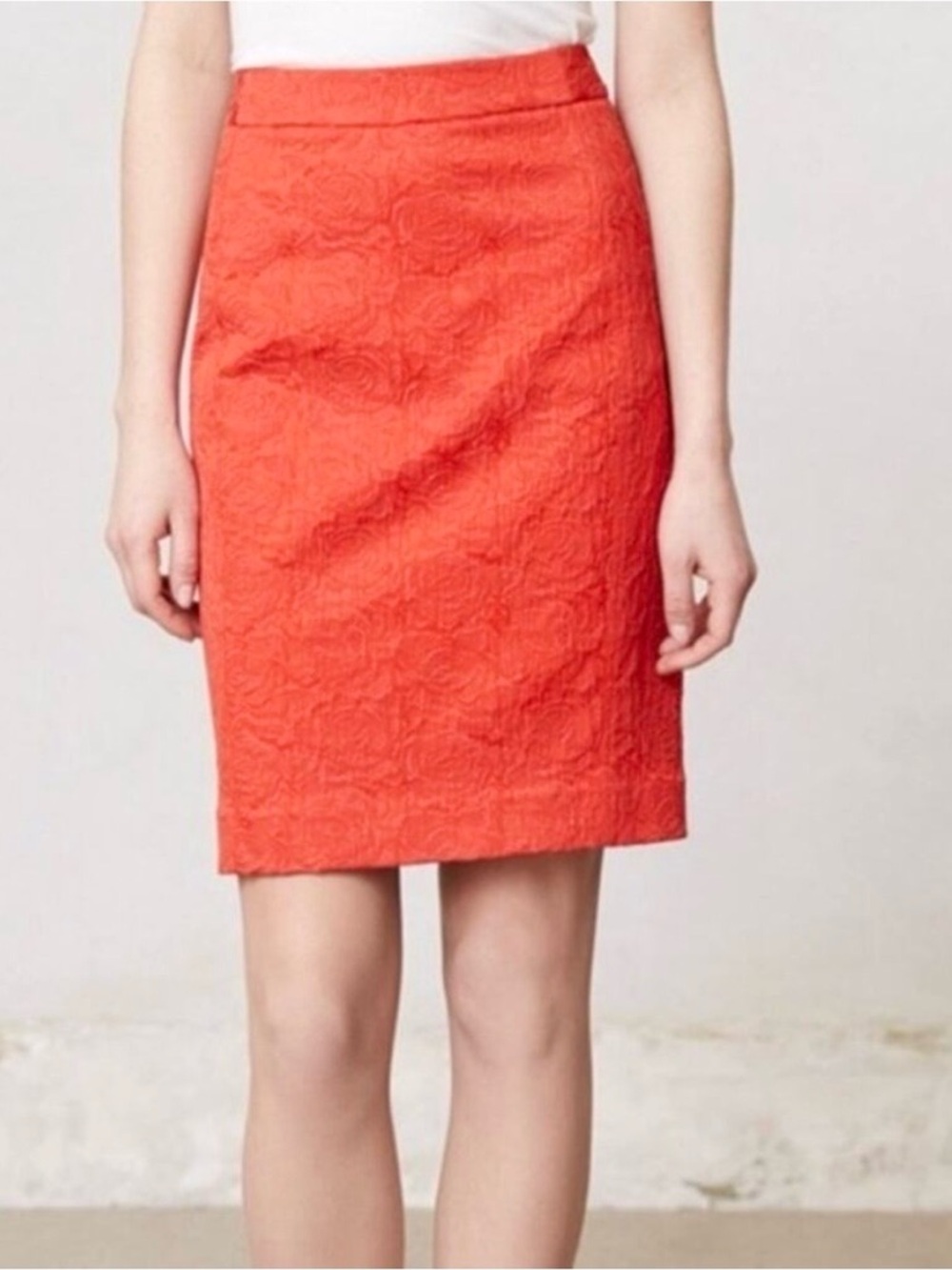 Anthropologie Vanessa Virginia Red-Orange Brocade Pencil Skirt Retro Rose Size 6